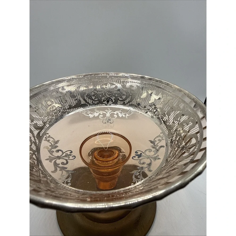Vintage Fostoria Royal Style Amber Etched Glass Compote Or Candy Footed Bowl